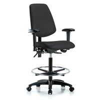 Blue Ridge Ergonomics NCR-VHBCH-MB-CR-T0-A1-CF-RG-8540 Class 100 Vinyl Clean Room Chair - High Bench Height with Medium Back, Adjustable Arms, Chrome Foot Ring, & Stationary Glides in Black Trailblazer™ Vinyl