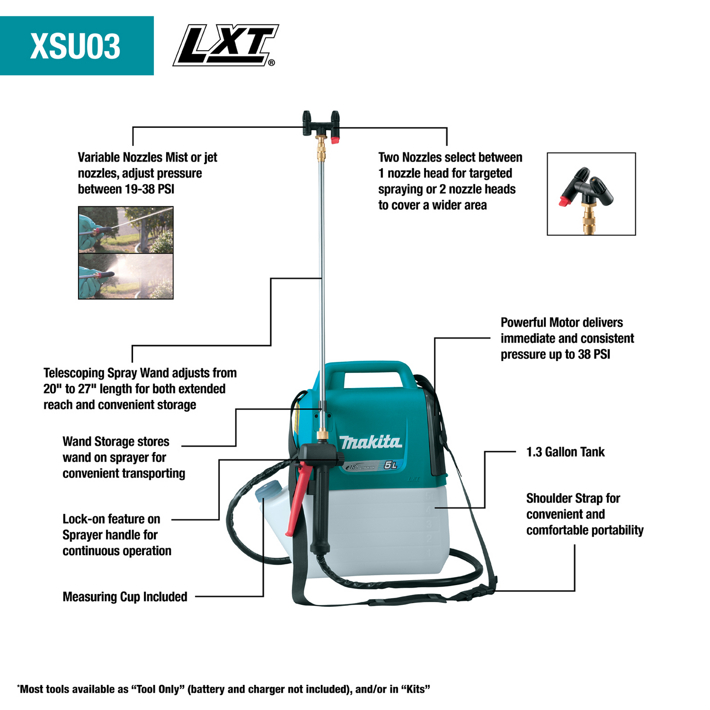 Makita XSU03Z 18V LXT® Lithium‘Ion Cordless 1.3 Gallon Sprayer, Tool Only