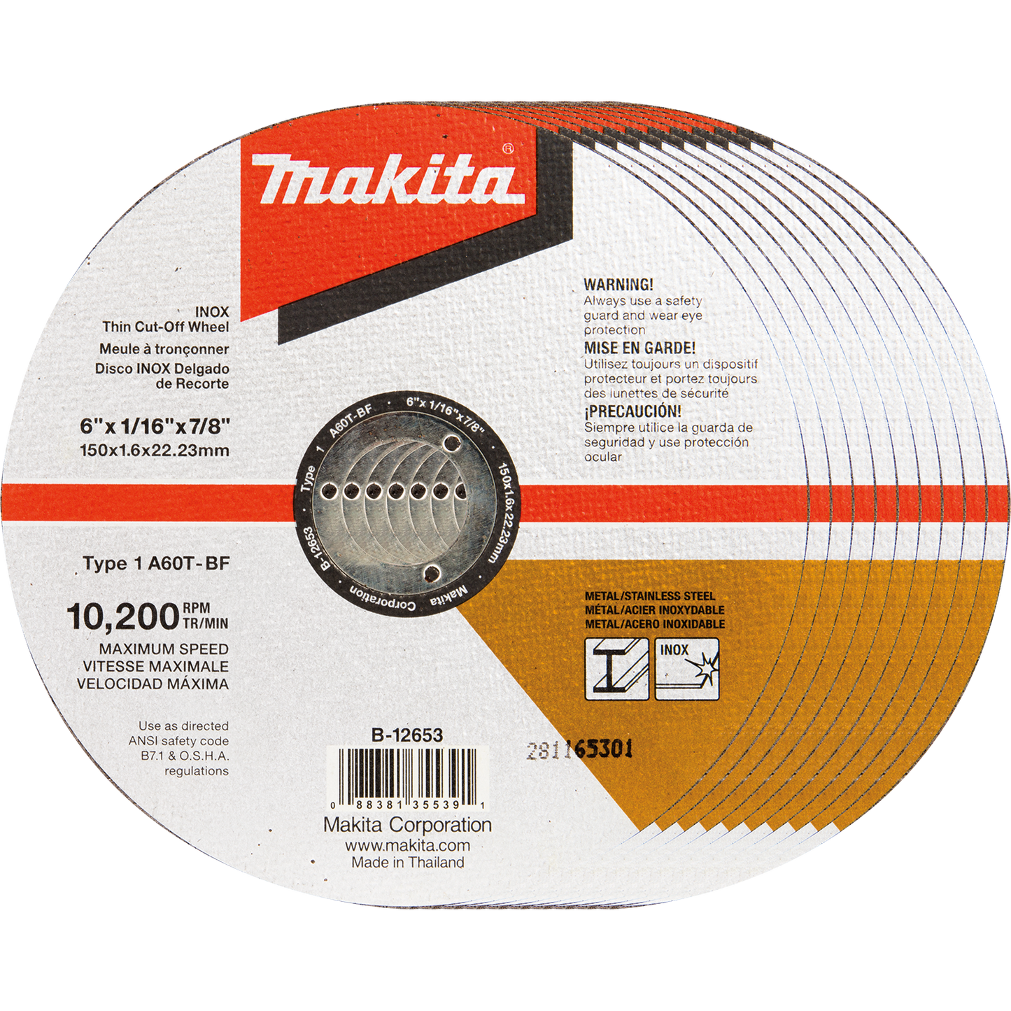 Makita B-12653-10 6" x 1/16" x 7/8" INOX Thin Cut‘Off Wheel, 10/pk