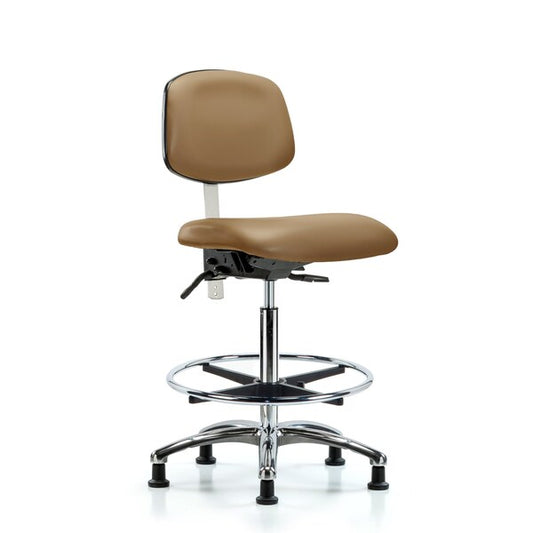 Blue Ridge Ergonomics NCR-VHBCH-CR-T1-A0-CF-RG-8584 Class 100 Vinyl Clean Room Chair - High Bench Height with Seat Tilt, Chrome Foot Ring, & Stationary Glides in Taupe Trailblazer™ Vinyl