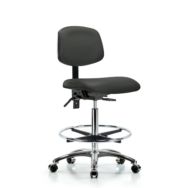Blue Ridge Ergonomics VHBCH-CR-T0-A0-CF-CC-8605 Rutledge Vinyl Chair Chrome - High Bench Height with Chrome Foot Ring & Casters in Charcoal Trailblazer™ Vinyl