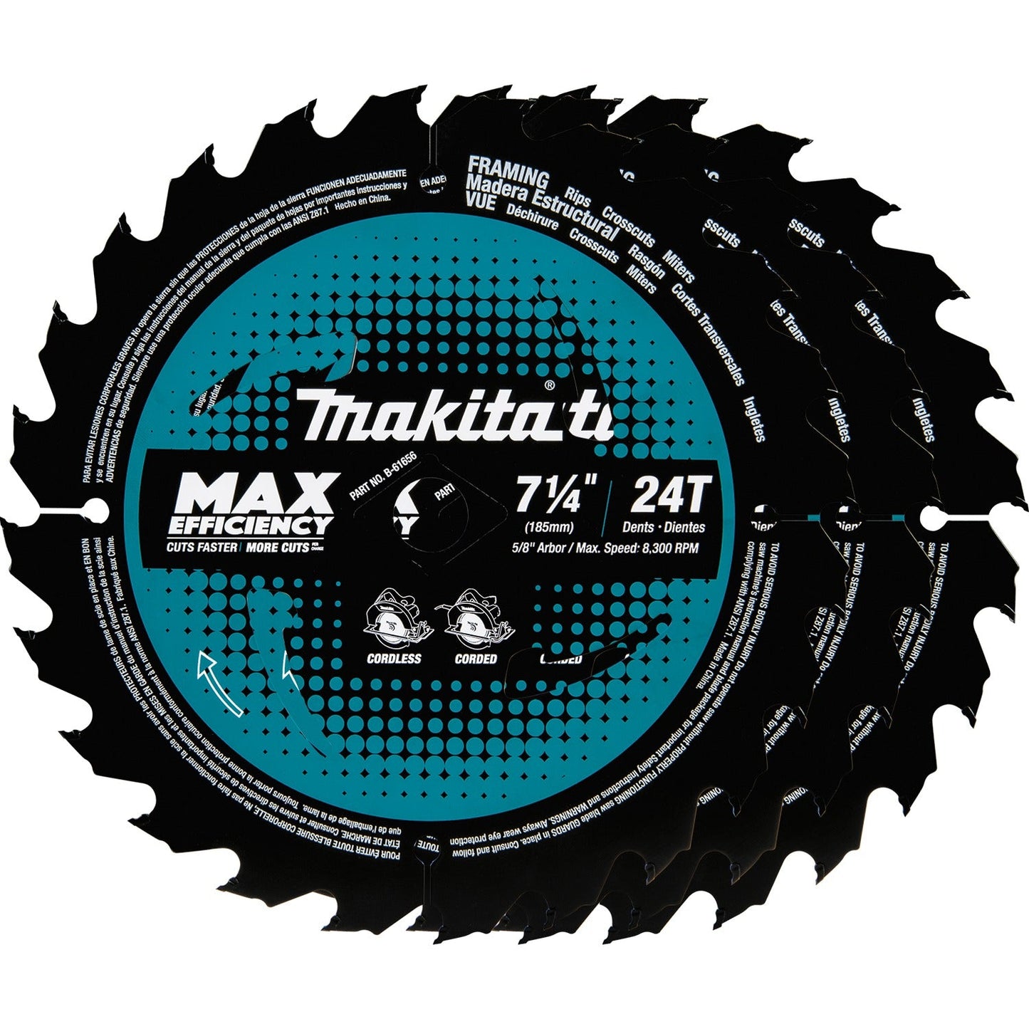 Makita B-61656-3 7‘1/4" 24T Carbide‘Tipped Max Efficiency Circular Saw Blade, Framing, 3/pk