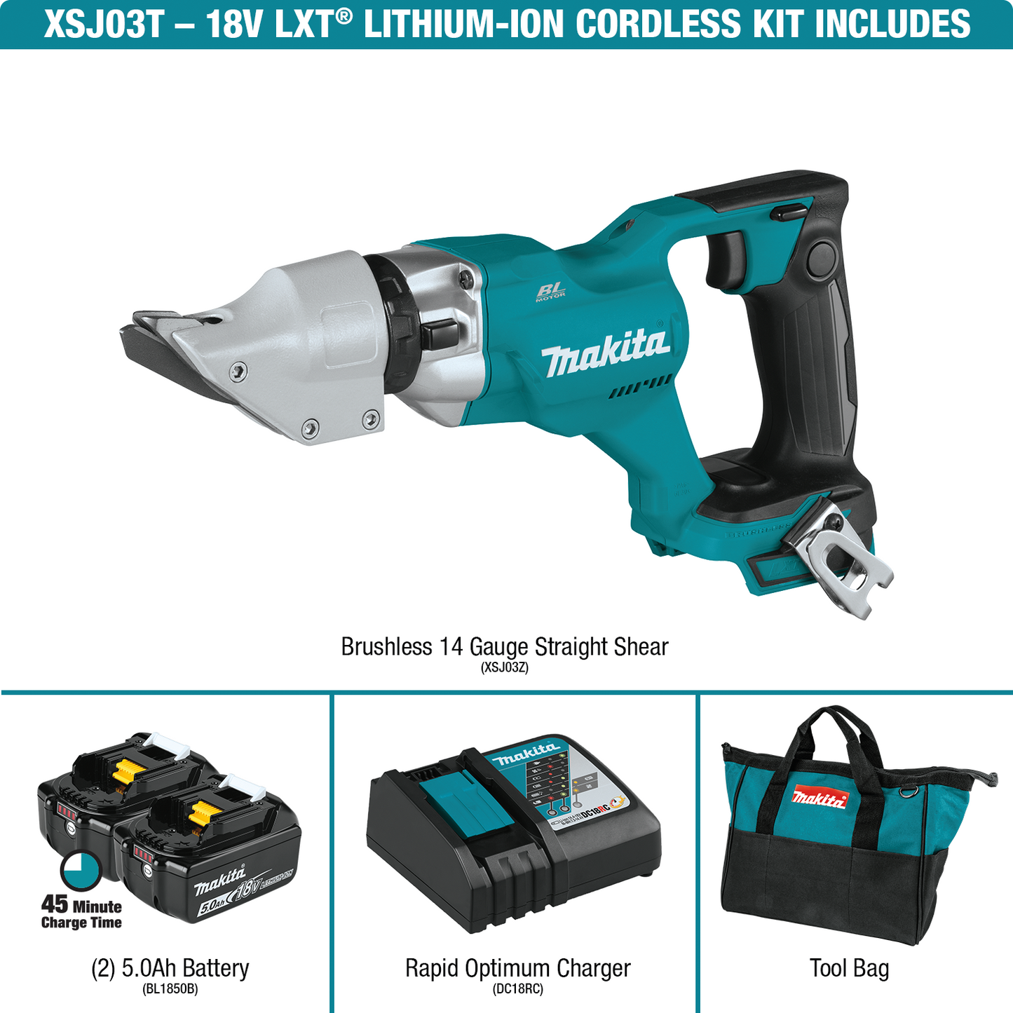 Makita XSJ03T 18V LXT® Lithium‘Ion Brushless Cordless 14 Gauge Straight Shear Kit (5.0Ah)