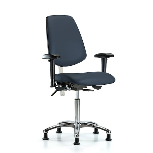 Blue Ridge Ergonomics NCR-VMBCH-MB-CR-T0-A1-NF-RG-8582 Class 100 Vinyl Clean Room Chair - Medium Bench Height with Medium Back, Adjustable Arms, & Stationary Glides in Imperial Blue Trailblazer™ Vinyl