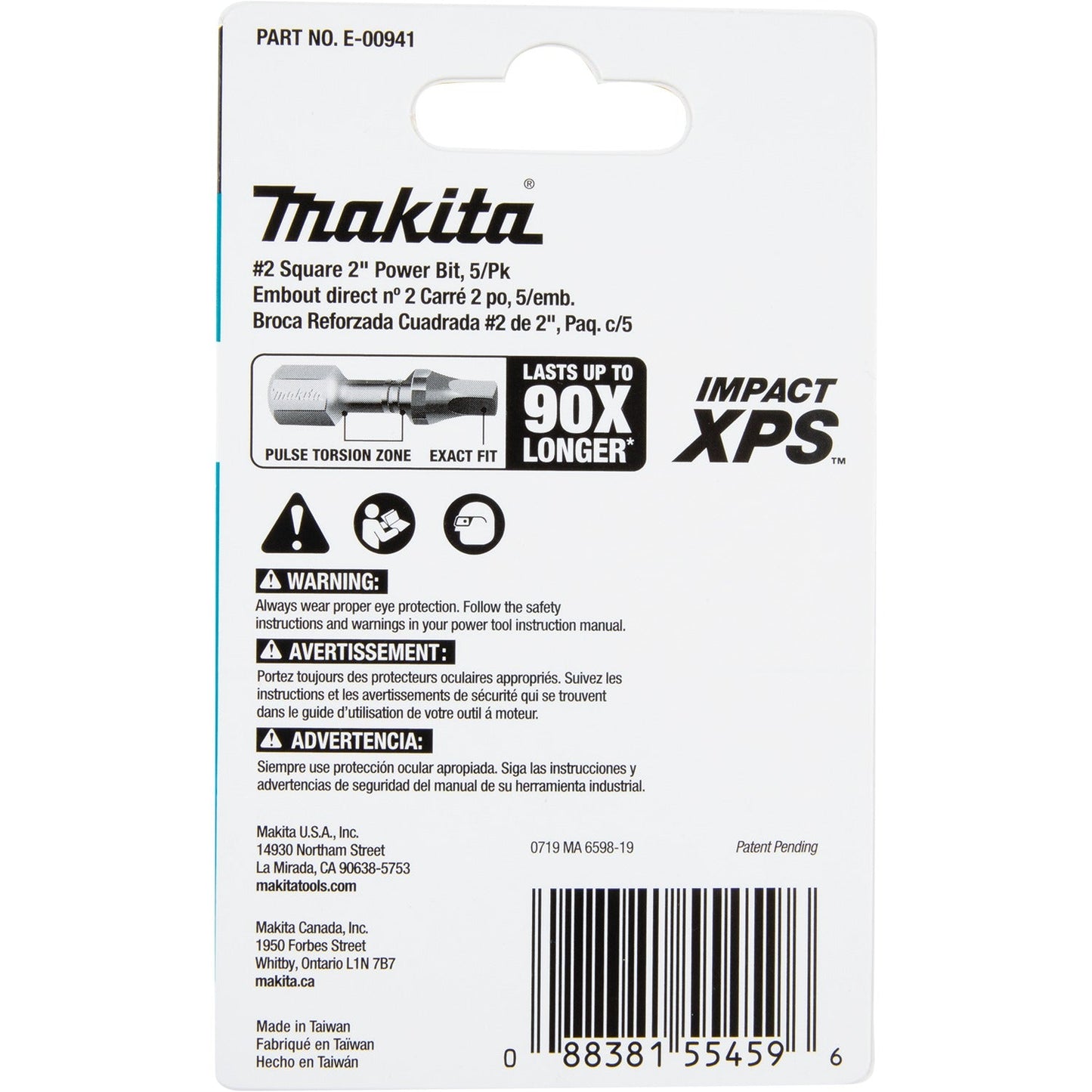 Makita E-00941 Impact XPS® #2 Square 2" Power Bit, 5/pk