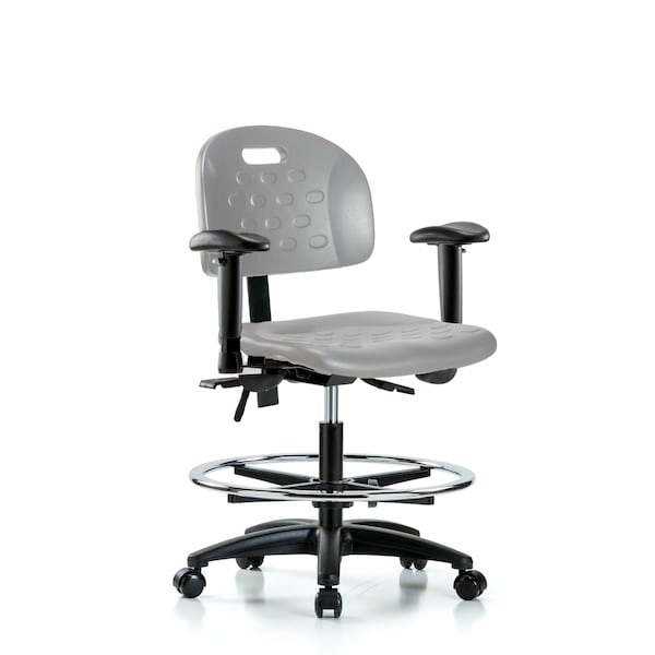 Blue Ridge Ergonomics HPMBCH-RG-T0-A1-CF-RG-BLK Newport Industrial Polyurethane Chair - Medium Bench Height with Adjustable Arms, Chrome Foot Ring, & Stationary Glides in Black Polyurethane