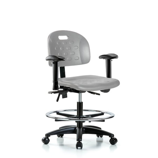 Blue Ridge Ergonomics HPMBCH-RG-T0-A1-CF-RG-BLK Newport Industrial Polyurethane Chair - Medium Bench Height with Adjustable Arms, Chrome Foot Ring, & Stationary Glides in Black Polyurethane