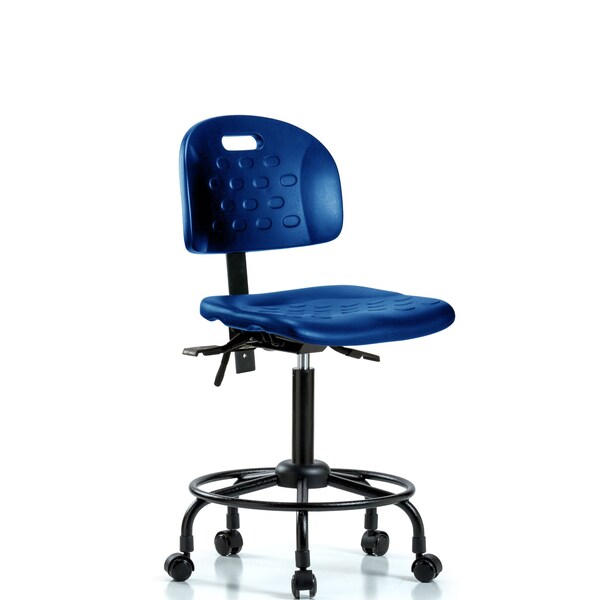 Blue Ridge Ergonomics HPMBCH-RT-T1-A0-RC-BLU Newport Industrial Polyurethane Chair with Round Tube Base - Medium Bench Height with Seat Tilt & Casters in Blue Polyurethane