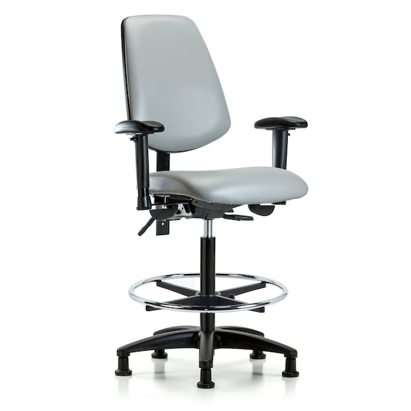Blue Ridge Ergonomics VHBCH-MB-RG-T0-A1-CF-RG-8567 Rutledge Vinyl Chair - High Bench Height with Medium Back, Adjustable Arms, Chrome Foot Ring, & Stationary Glides in Dove Trailblazer™ Vinyl