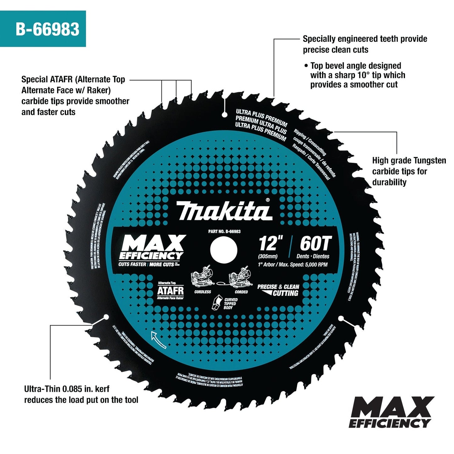 Makita B-66983 12" 60T Carbide‘Tipped Max Efficiency Miter Saw Blade