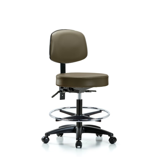 Blue Ridge Ergonomics VMBST-RG-T1-CF-RC-8809 Rutledge Vinyl Stool with Back - Medium Bench Height with Seat Tilt, Chrome Foot Ring, & Casters in Taupe Supernova™ Vinyl