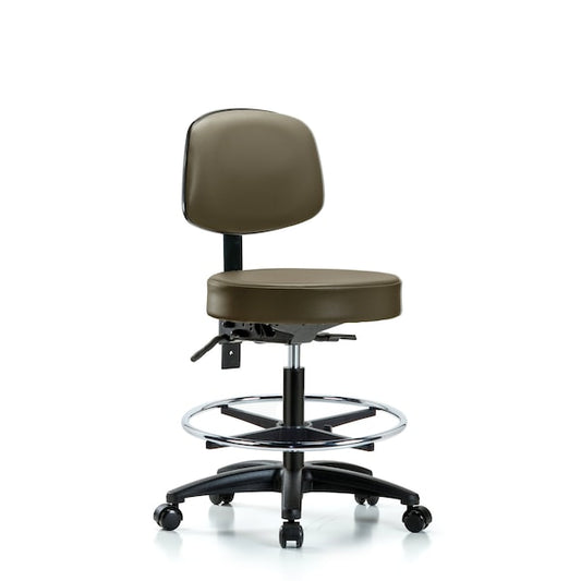 Blue Ridge Ergonomics VMBST-RG-T1-CF-RC-8809 Rutledge Vinyl Stool with Back - Medium Bench Height with Seat Tilt, Chrome Foot Ring, & Casters in Taupe Supernova™ Vinyl