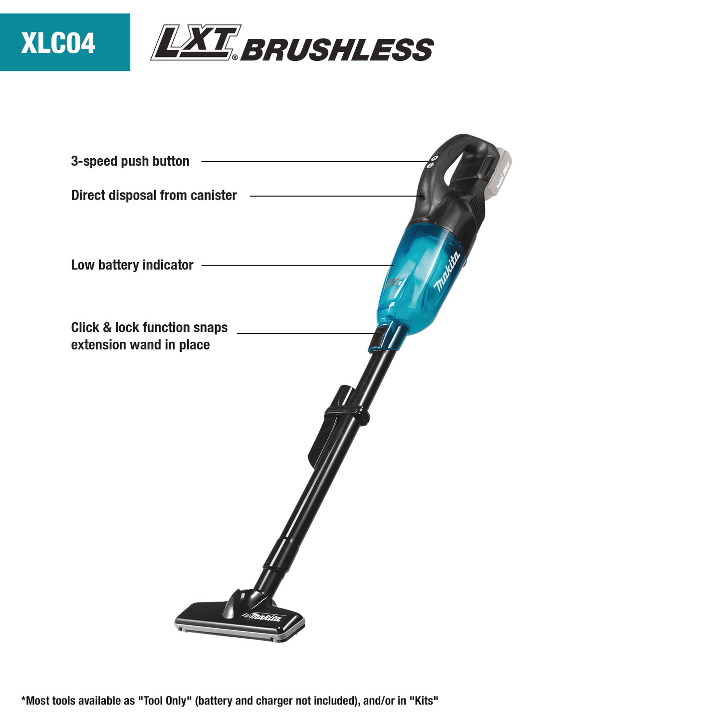 Makita XLC04ZBX4 18V Lxt® Lithiumion Brushless Compact Cordless 3Speed Vacuum, W/ Push Button, Tool Only