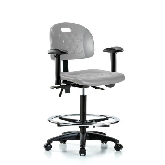 Blue Ridge Ergonomics HPDHCH-RT-T0-A1-RG-BLU Newport Industrial Polyurethane Chair with Round Tube Base - Desk Height with Adjustable Arms & Stationary Glides in Blue Polyurethane