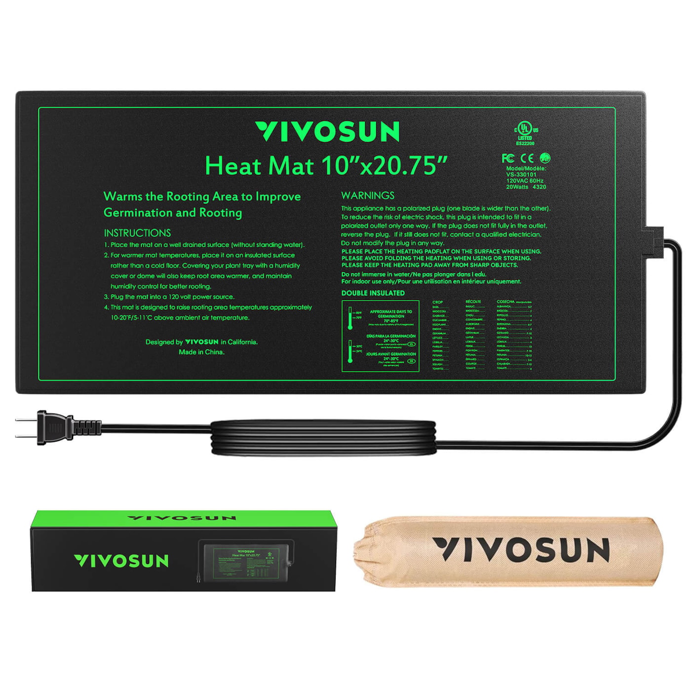 Vivosun Durable Waterproof Seedling Heat Mat Warm Hydroponic Heating Pad 10' x 20.75' MET Standard