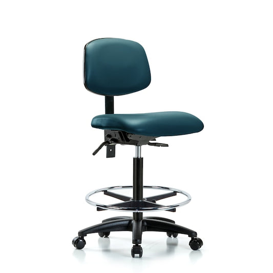 Blue Ridge Ergonomics VHBCH-RG-T1-A0-CF-RC-8801 Rutledge Vinyl Chair - High Bench Height with Seat Tilt, Chrome Foot Ring, & Casters in Marine Blue Supernova™ Vinyl