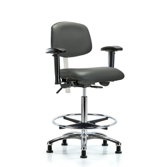 Blue Ridge Ergonomics NECR-VHBCH-MB-CR-T0-A1-CF-EG-ESDBLK Class 100 Vinyl Clean Room/ESD Chair - High Bench Height with Medium Back, Adjustable Arms, Chrome Foot Ring, & ESD Stationary Glides in Black ESD Vinyl