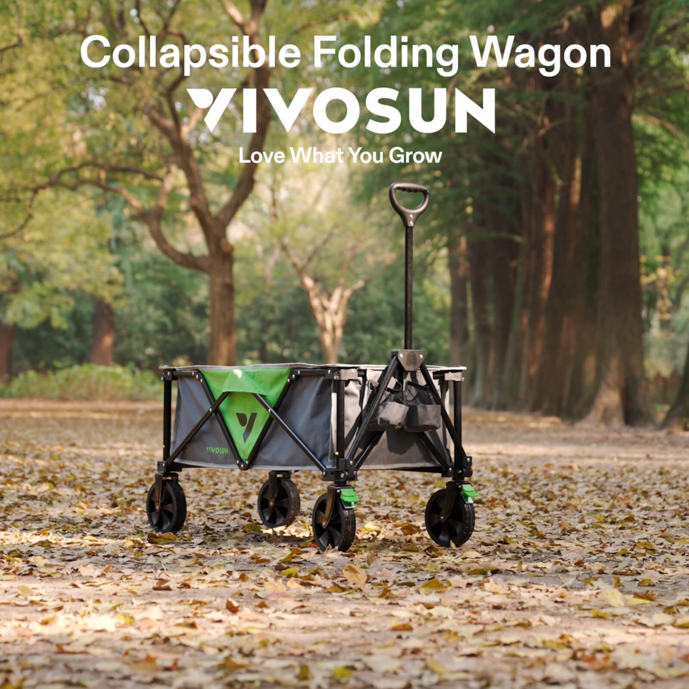 Vivosun Collapsible Folding Wagon, Outdoor Utility with Silent Universal Wheels, 110L, Grey & Green