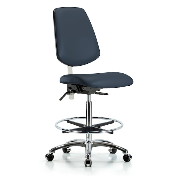 Blue Ridge Ergonomics NCR-VMBCH-MB-CR-T0-A0-CF-CC-8582 Class 100 Vinyl Clean Room Chair - Medium Bench Height with Medium Back, Chrome Foot Ring, & Casters in Imperial Blue Trailblazer™ Vinyl
