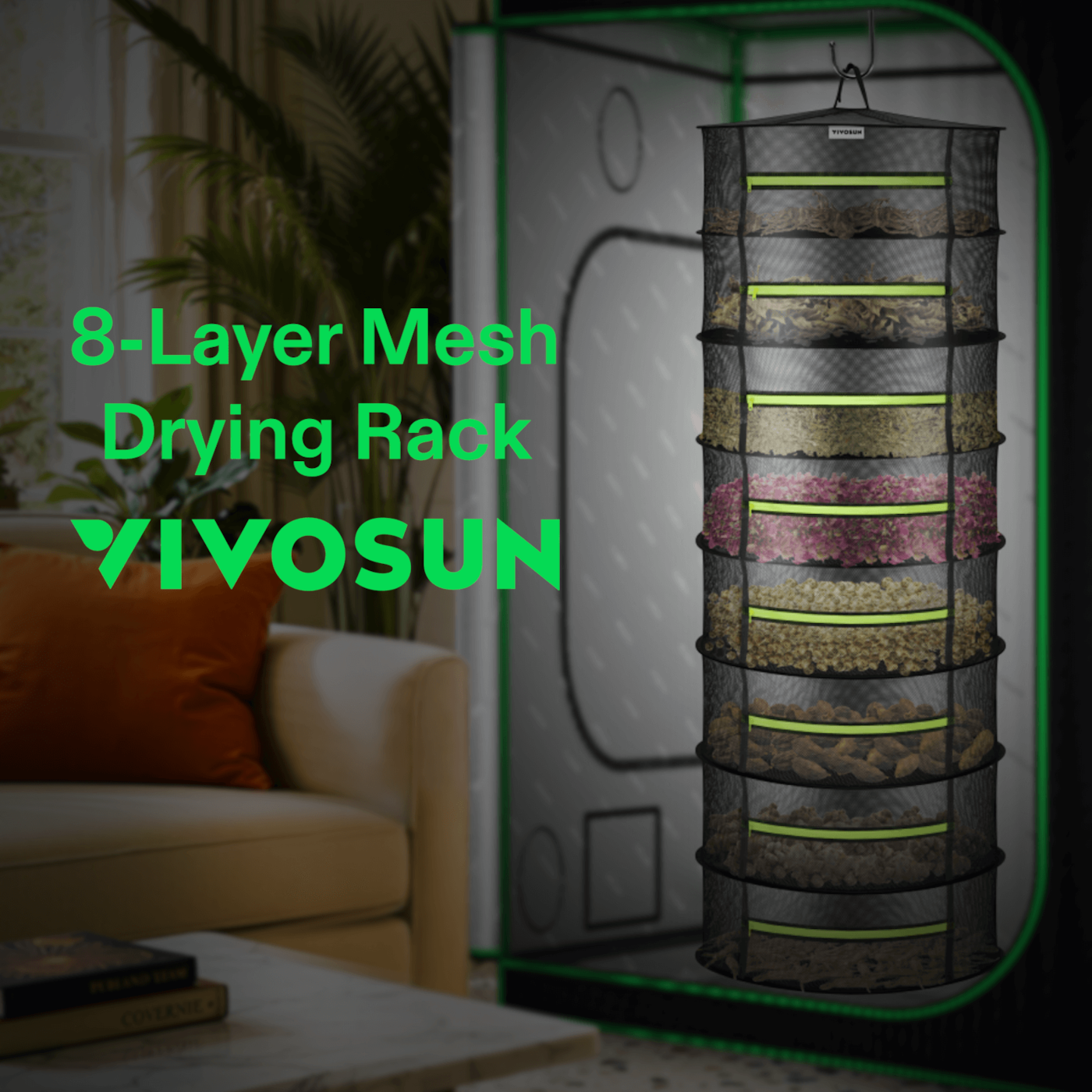 Vivosun 8-Layer Mesh Drying Rack Hanging Design with Green Zippers