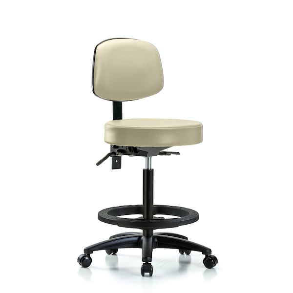 Blue Ridge Ergonomics VHBST-RG-T0-BF-RC-8501 Rutledge Vinyl Stool with Back - High Bench Height with Black Foot Ring & Casters in Adobe White Trailblazer™ Vinyl