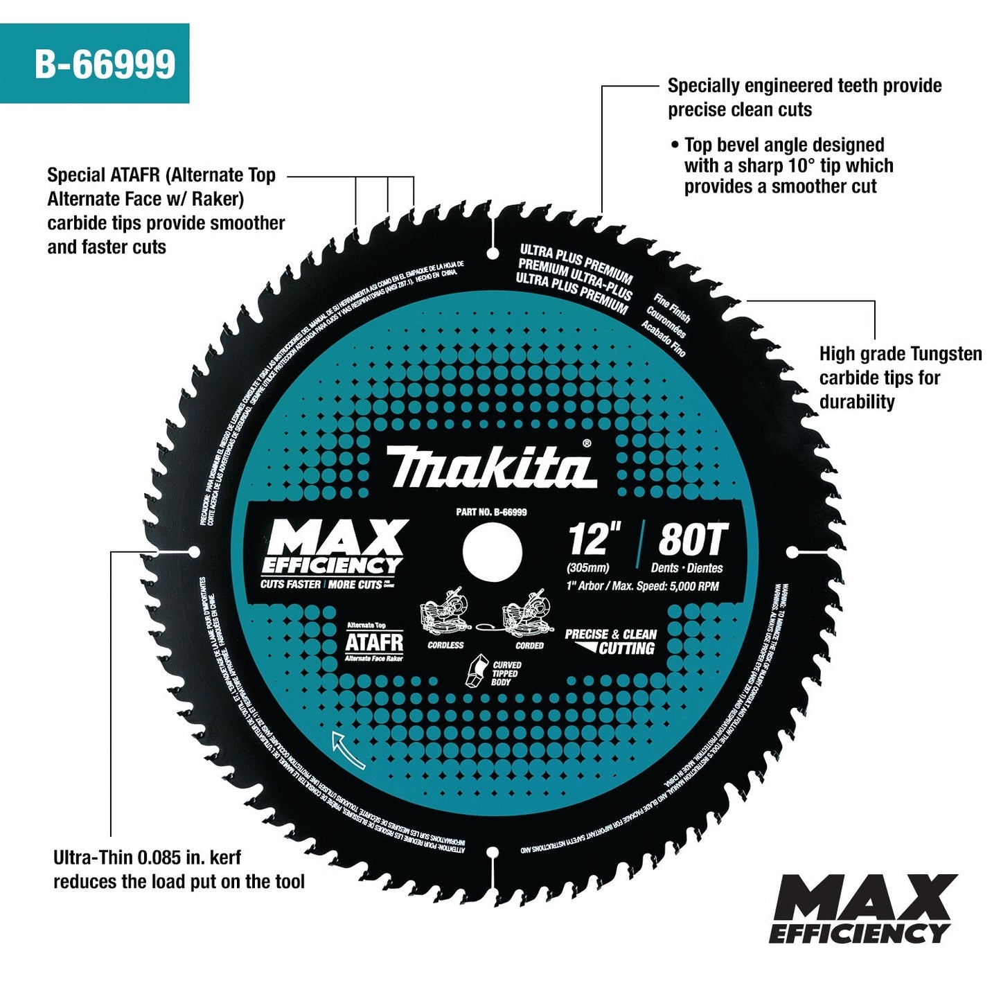 Makita B-66999 12" 80T Carbide‘Tipped Max Efficiency Miter Saw Blade