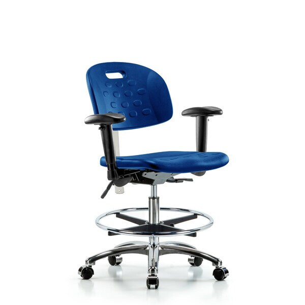 Blue Ridge Ergonomics NCR-PDHCH-CR-T0-A1-CC-BLU Class 100 Polyurethane Clean Room Chair - Desk Height with Adjustable Arms & Casters in Blue Polyurethane