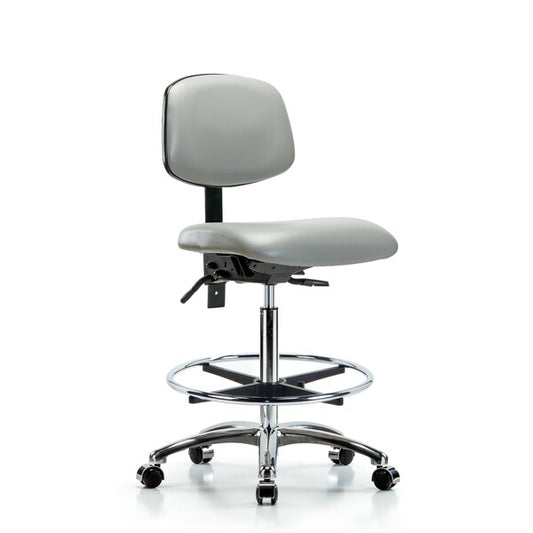 Blue Ridge Ergonomics VHBCH-CR-T1-A0-CF-CC-8567 Rutledge Vinyl Chair Chrome - High Bench Height with Seat Tilt, Chrome Foot Ring, & Casters in Dove Trailblazer™ Vinyl