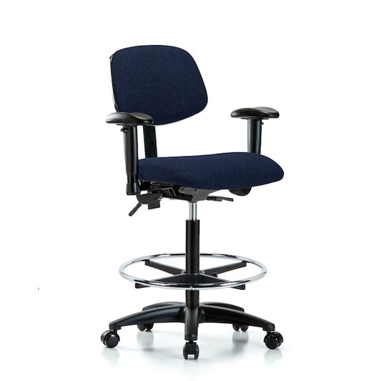 Blue Ridge Ergonomics FHBCH-RG-T0-A1-CF-RC-F45 Rutledge Fabric Chair - High Bench Height with Adjustable Arms, Chrome Foot Ring, & Casters in Navy Fabric