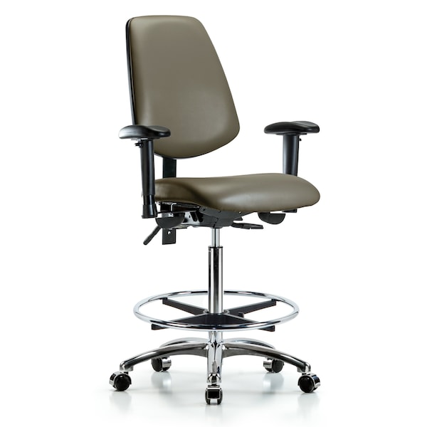 Blue Ridge Ergonomics VHBCH-MB-CR-T1-A1-CF-CC-8809 Rutledge Vinyl Chair Chrome - High Bench Height with Medium Back, Seat Tilt, Adjustable Arms, Chrome Foot Ring, & Casters in Taupe Supernova™ Vinyl