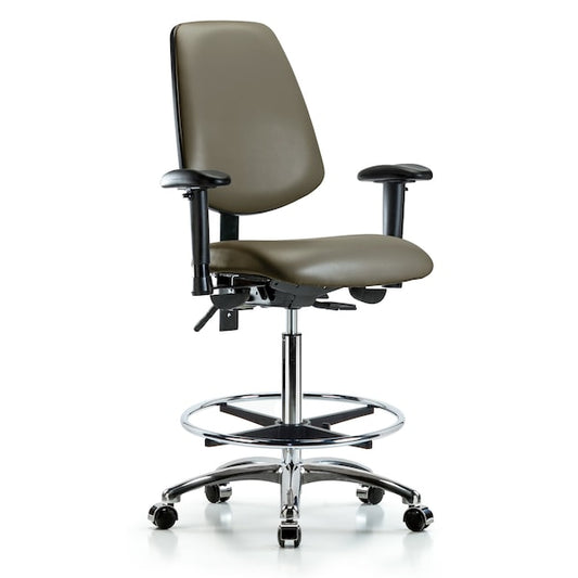 Blue Ridge Ergonomics VHBCH-MB-CR-T1-A1-CF-CC-8809 Rutledge Vinyl Chair Chrome - High Bench Height with Medium Back, Seat Tilt, Adjustable Arms, Chrome Foot Ring, & Casters in Taupe Supernova™ Vinyl