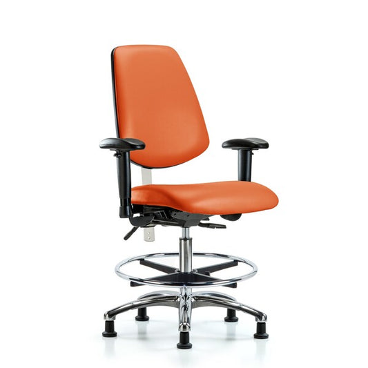 Blue Ridge Ergonomics NCR-VMBCH-MB-CR-T1-A1-CF-RG-8613 CL100 Vinyl Clean Room Chair - Medium Bench Height with Medium Back, Seat Tilt, Adj Arms, Chrome Foot Ring, & Stationary Glides in Orange Kist Trailblazer™ Vinyl