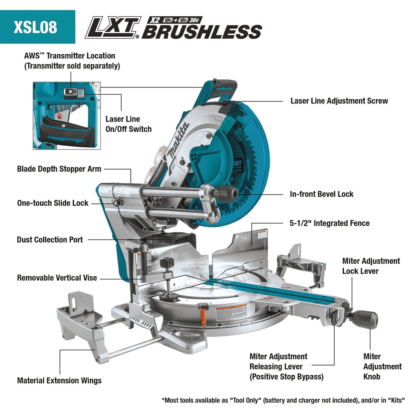 Makita XSL08Z 36V (18V X2) LXT® Brushless 12" Dual‘Bevel Sliding Compound Miter Saw, AWS® Capable and Laser, Tool Only