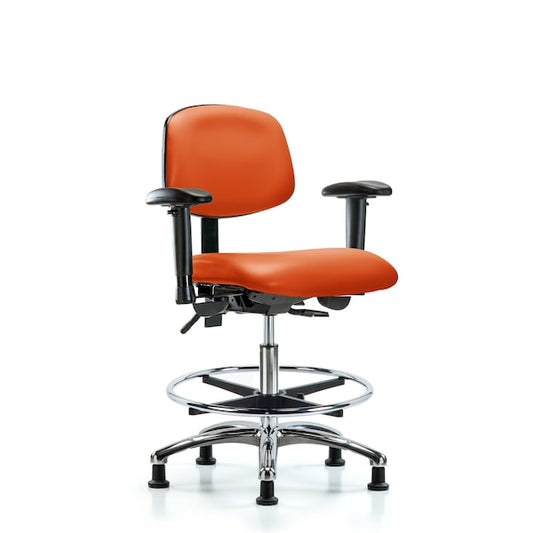 Blue Ridge Ergonomics VMBCH-CR-T1-A1-CF-RG-8613 Rutledge Vinyl Chair Chrome - Medium Bench Height with Seat Tilt, Adjustable Arms, Chrome Foot Ring, & Stationary Glides in Orange Kist Trailblazer™ Vinyl