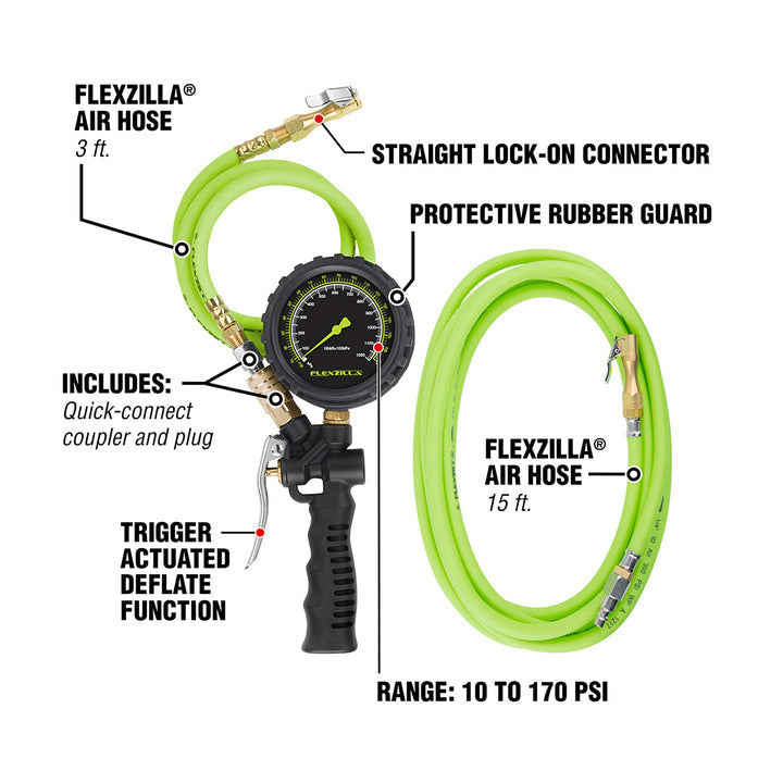FlexZilla AL2025FZ-2 Inflator Kit with Flexzilla Air Hose 3' and 15' Extensions, Lock-On Chuck