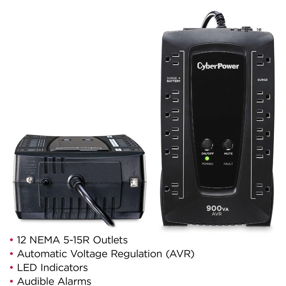 CyberPower AVR Series AVRG900U 900VA 480W Desktop UPS with AVR and USB - 900 VA/480 W - 10 Minute - Desktop - 10 Minute - 12 x NEMA 5-15R - Surge, EMI, RFI