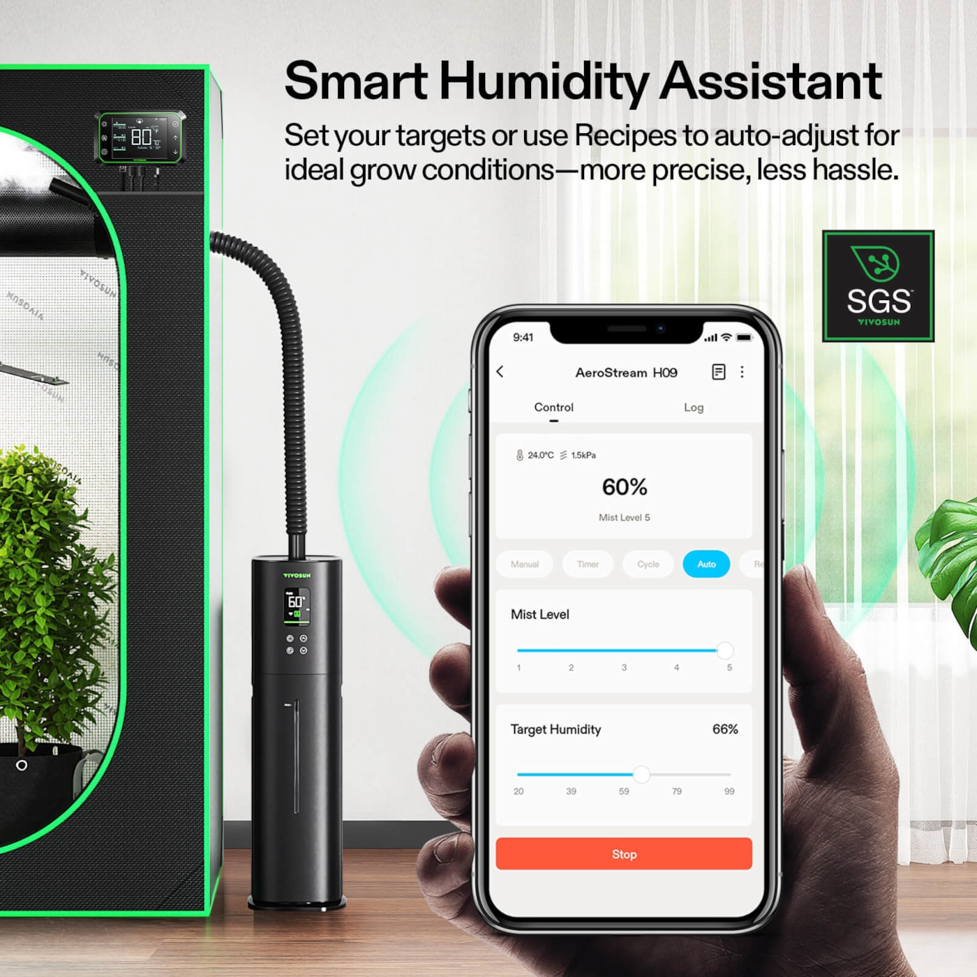 Vivosun AeroStream H09 Intelligent Wi-Fi Humidifier, 2.38 Gal / 9 L Humidifier with Temp & Humidity Probe, Smart Remote Control, Designed for Growers