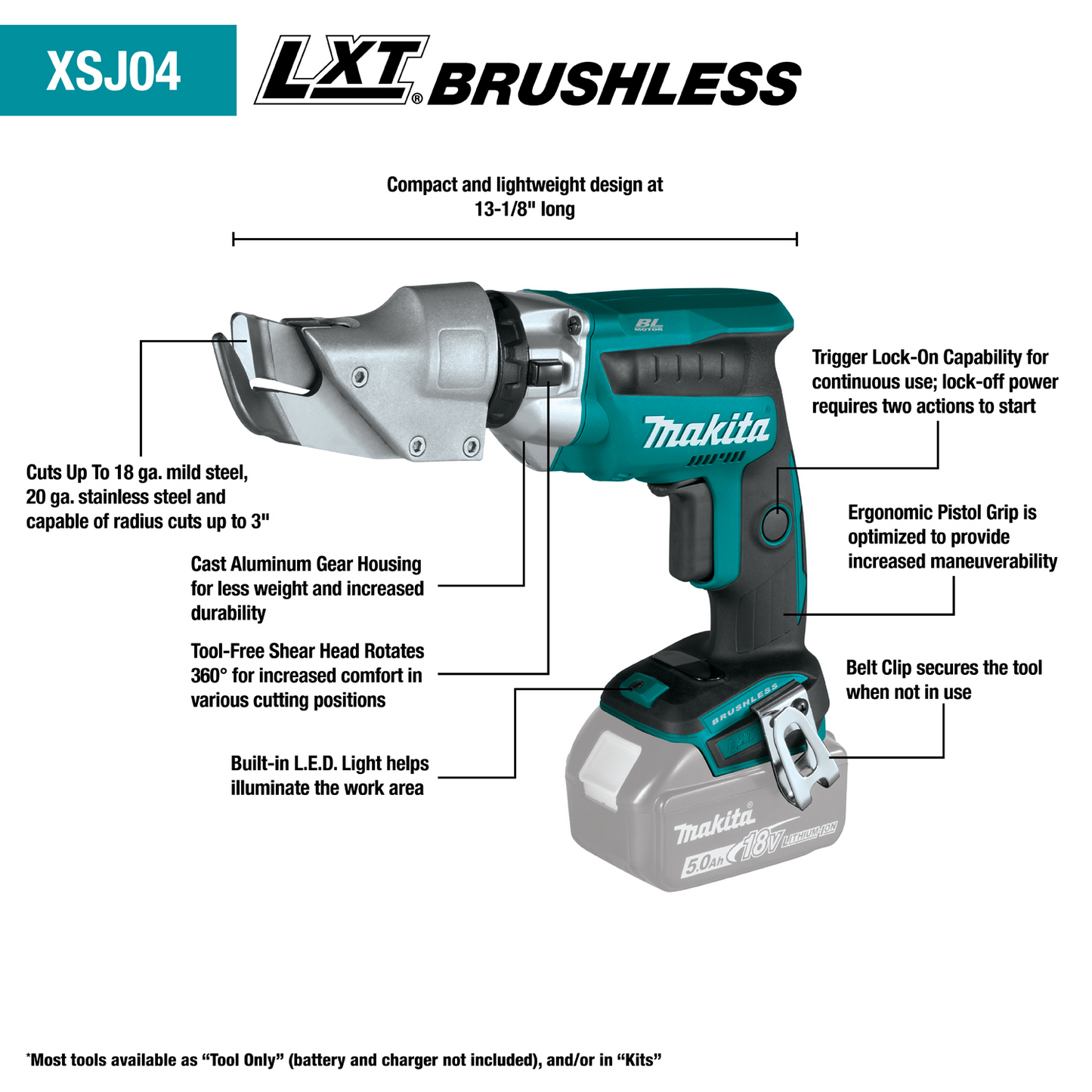 Makita XSJ04Z 18V LXT® Lithium‘Ion Brushless Cordless 18 Gauge Offset Shear, Tool Only