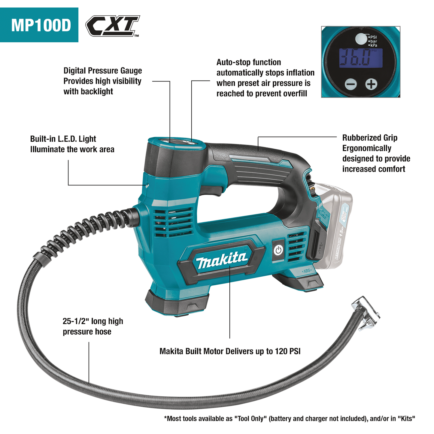 Makita MP100DZ 12V max CXT® Lithium‘Ion Cordless Inflator, Tool Only