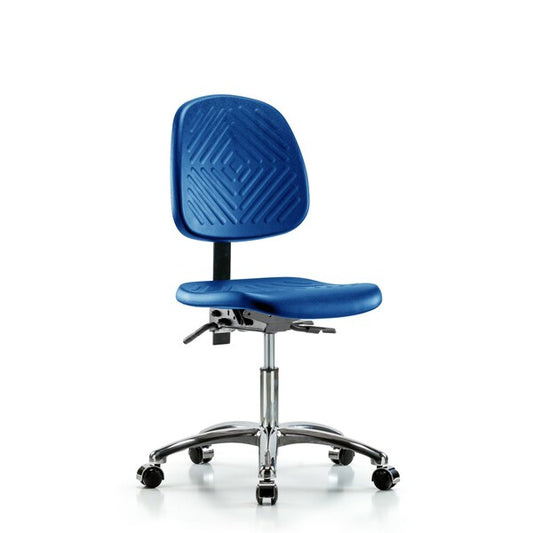 Blue Ridge Ergonomics PDHCH-MB-CR-T0-A0-CC-BLU Polyurethane Chair Chrome - Desk Height with Medium Back & Casters in Blue Polyurethane