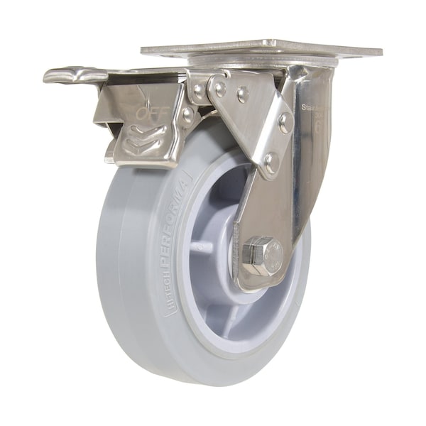 Vestil CST-E-SS-6X2TPR-SWTB Thermoplastic Rubber Swivel With Total Brake Caster 6 In. Diameter x 2 In. Width 600 lb Gray