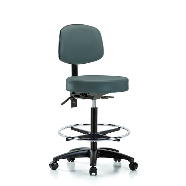 Blue Ridge Ergonomics VHBST-RG-T1-CF-RC-8546 Rutledge Vinyl Stool with Back - High Bench Height with Seat Tilt, Chrome Foot Ring, & Casters in Colonial Blue Trailblazer™ Vinyl