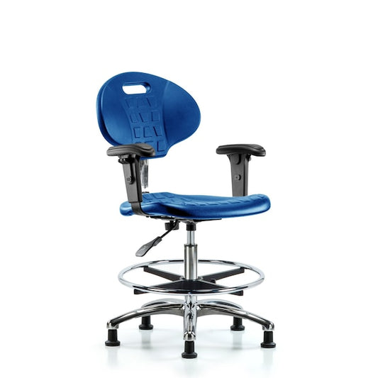 Blue Ridge Ergonomics TPMBCH-CR-A1-CF-RG-BLU Erie Polyurethane Chair Chrome - Medium Bench Height with Chrome Foot Ring, Adjustable Arms, & Stationary Glides in Blue Polyurethane