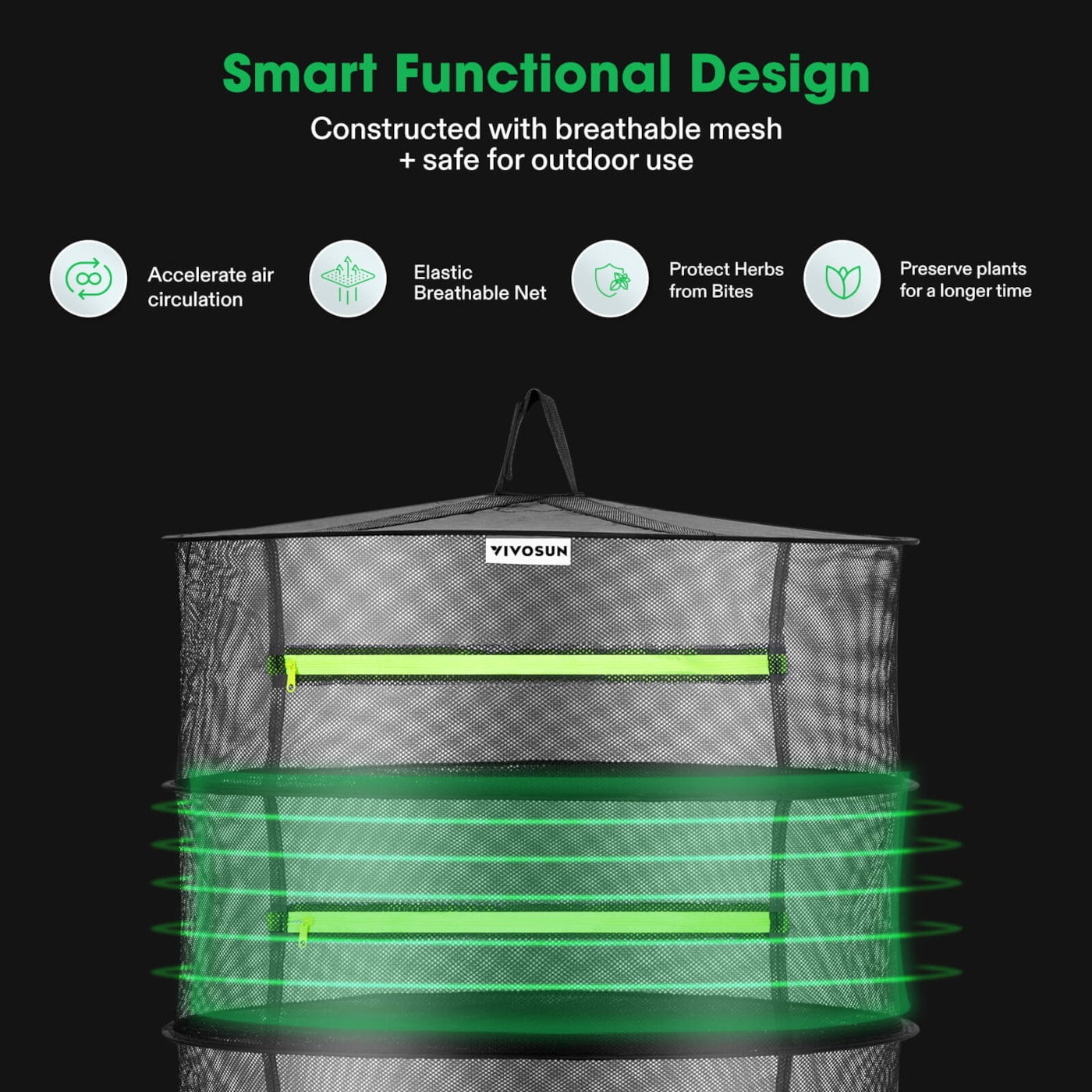 Vivosun 3-Layer Mesh Drying Rack Hanging Design with Green Zippers