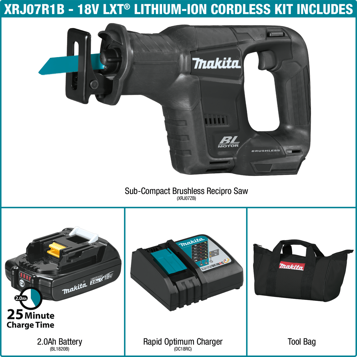 Makita XRJ07R1B 18V LXT® Lithium‘Ion Sub‘Compact Brushless Cordless Recipro Saw Kit (2.0Ah)