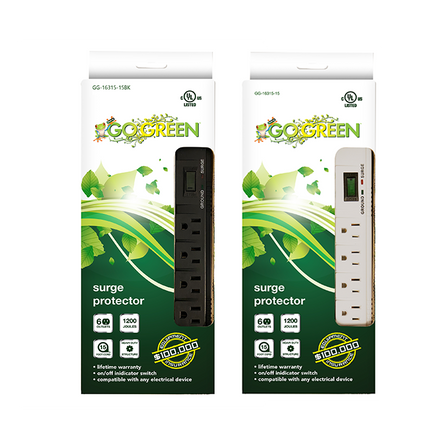 GoGreen Power GG-16315-15 Plastic 6 Outlet Surge Protector, w/ 1200 Joules,  EMI/RFI White