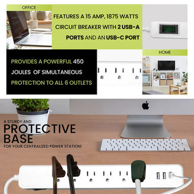 GoGreen Power GG-1662USBC 6 OUTLET WHITE SURGE PROTECTOR, 450 JOULES, 2 USB + USBC 3.4 AMPS