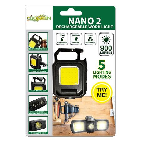 GoGreen Power GG-NANO2 Super Mini Work light, 900 Lumens on 2 Screens, 5 modes including a Spot Light and a Strobe Light