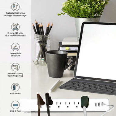 GoGreen Power GG-1662USBC 6 OUTLET WHITE SURGE PROTECTOR, 450 JOULES, 2 USB + USBC 3.4 AMPS