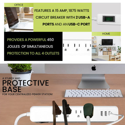GoGreen Power GG-1462USBC 4 OUTLET WHITE SURGE PROTECTOR, 450 JOULES, 2 USB + USBC 3.4 AMPS